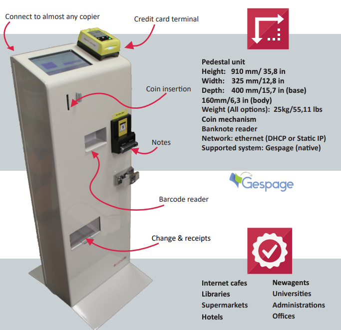 The CBOT is an autonomous kiosk to pay print, copy and scan.